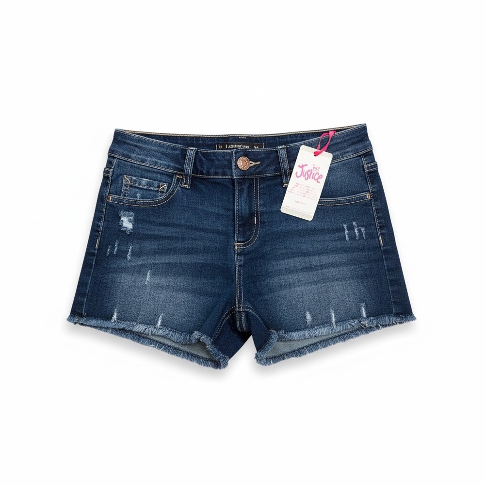 NWT Justice Girls Dark Blue Jean Shorts Slight Distressing Soft Stretch 14 Slim‎